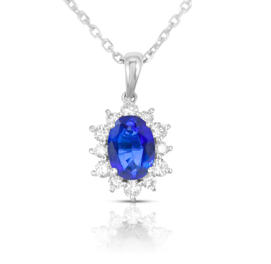 Lab-grown 1.17ct Sapphire and 0.27ct Diamond Pendant and Chain in 9ct White Gold