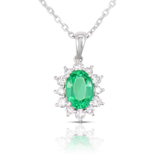 Lab-grown 0.83ct Emerald and 0.27ct Diamond Pendant and Chain in 9ct White Gold