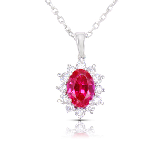 Lab-grown 1.24ct Ruby and 0.27ct Diamond Pendant and Chain in 9ct White Gold