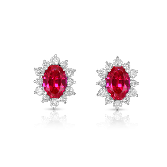 Lab-grown 2.42ct Ruby and 0.55ct Diamond Halo Earrings in 9ct White Gold