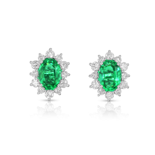 Lab-grown 1.61ct Emerald and 0.55ct Diamond Halo Earrings in 9ct White Gold