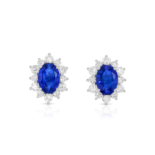 Lab-grown 1.95ct Sapphire and 0.54ct Diamond Halo Earrings in 9ct White Gold