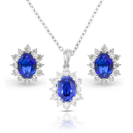 Lab-grown 3.12ct Sapphire and 0.83ct Diamond Jewellery Set in 9ct White Gold