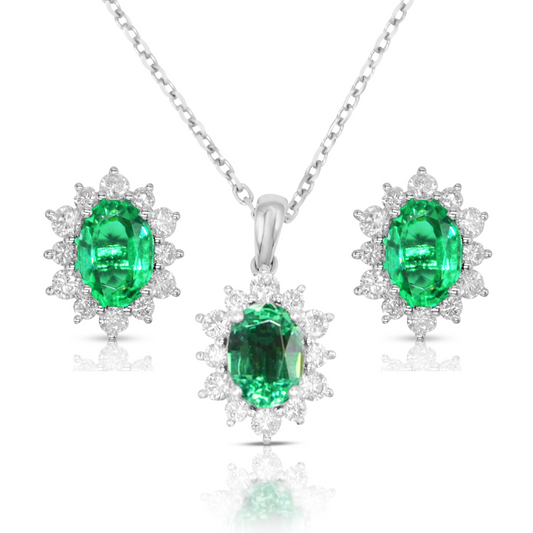 Lab-grown 2.44ct Emerald and 0.82ct Diamond Jewellery Set in 9ct White Gold